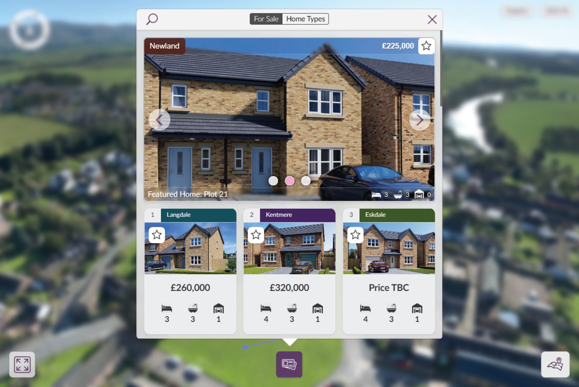 Smart Show Homes house selection interface showing home types, prices and plot information.