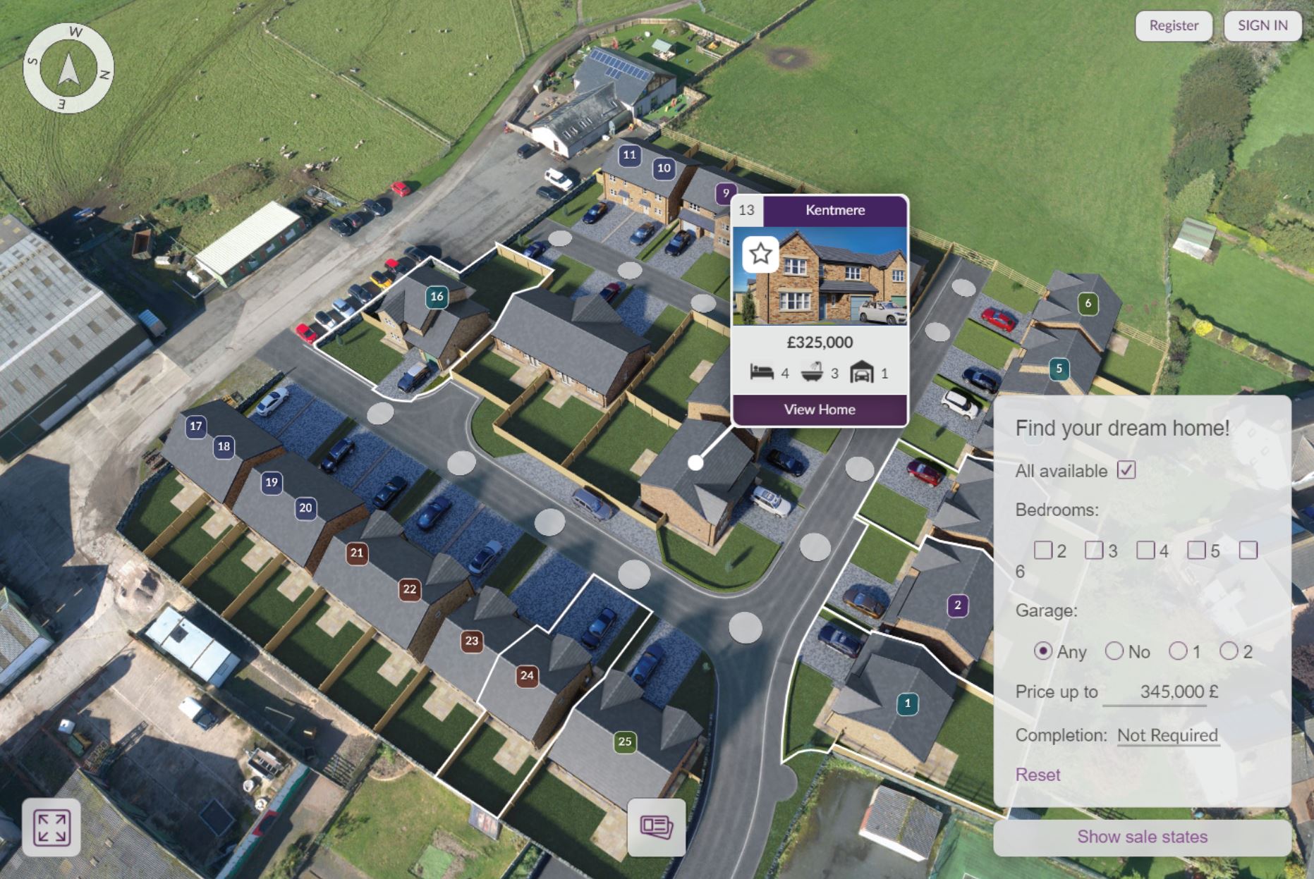 Smart Show Homes aerial view showing plot positions, roads and neighbouring homes.