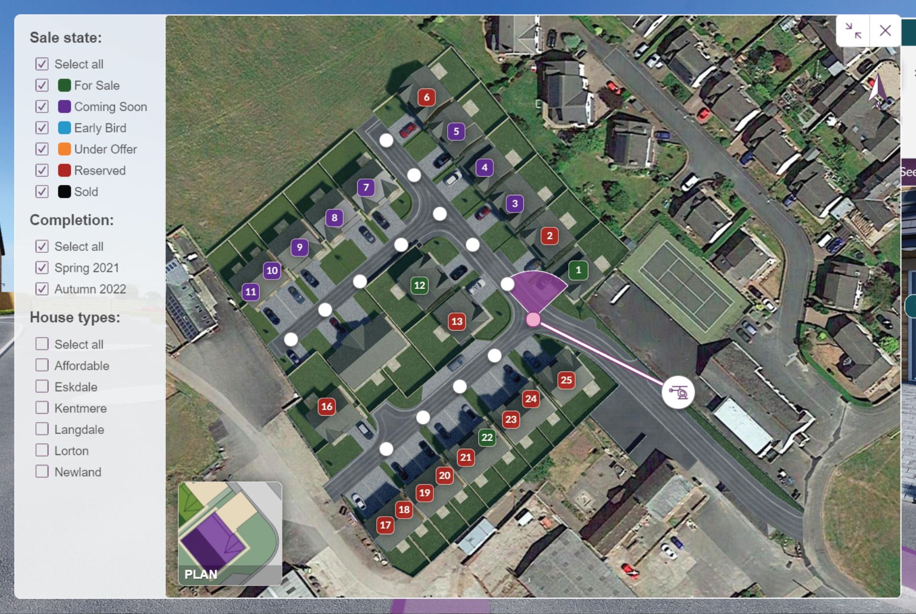 Smart Show Homes satellite map showing plot layout, routes and sale states.