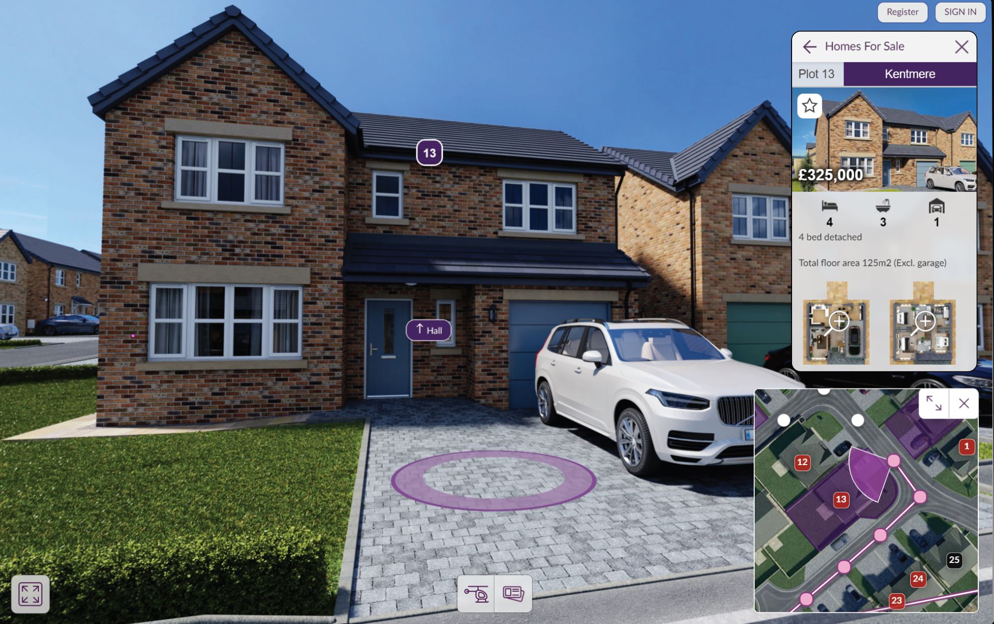 Smart Show Homes house details view showing price, bedrooms, bathrooms, floor plans and plot position.